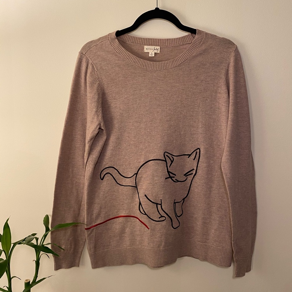 Madison Jules Tan embroidered cat sweater